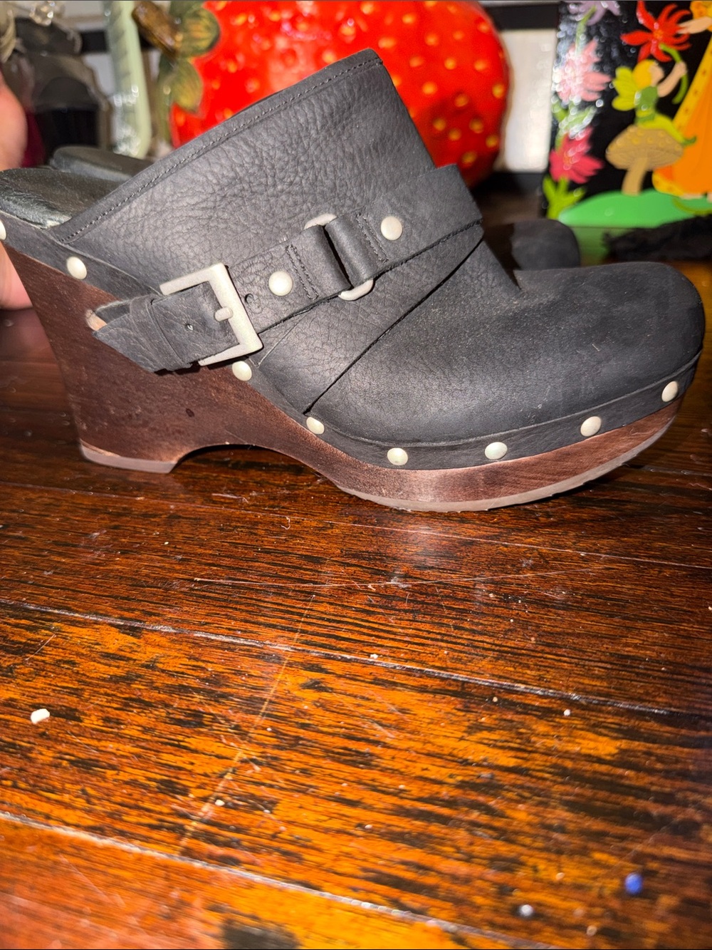 UGG Black Leather Studded Clog Mule with Buckle Detail